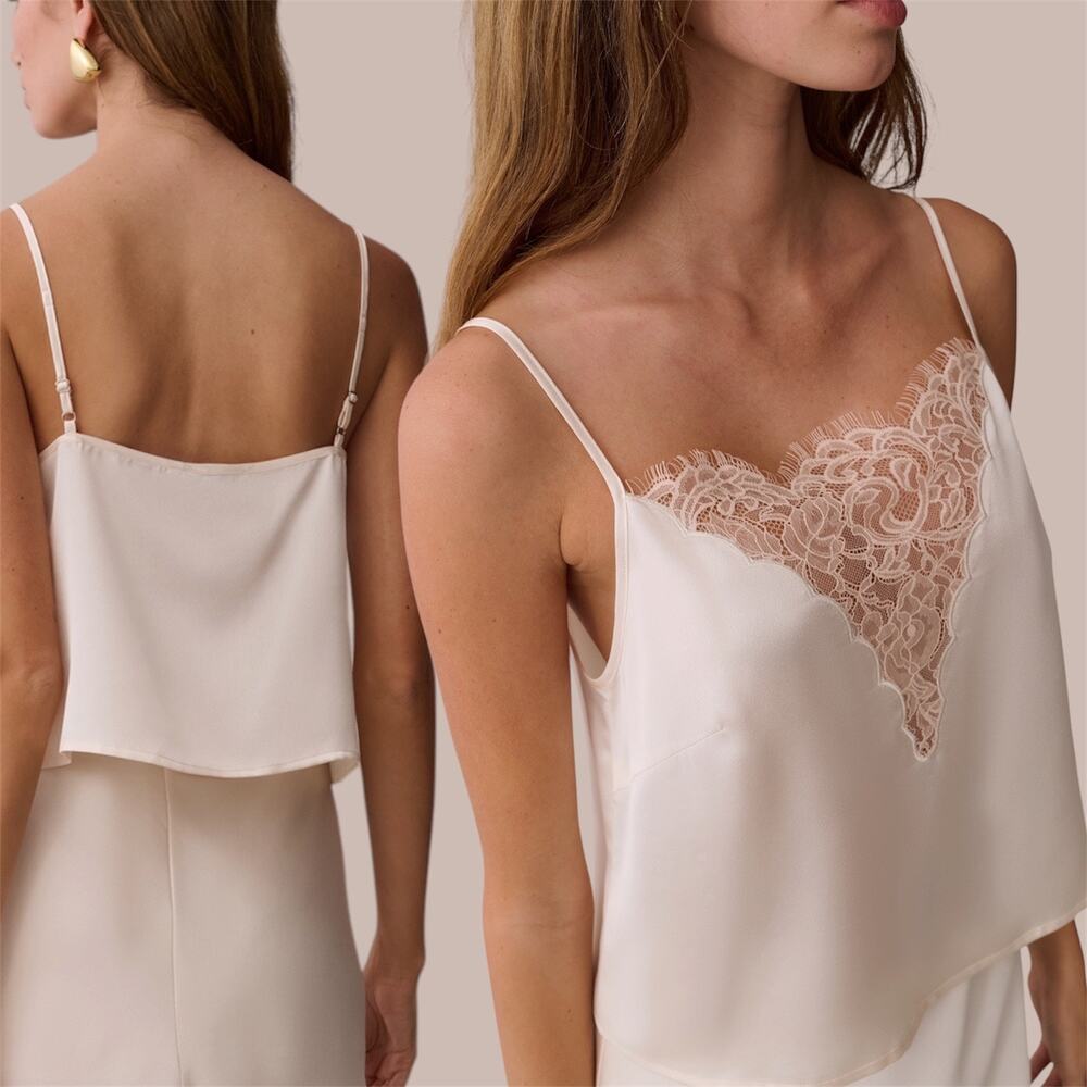 Few Moda Dua Lace Trim Cami Satin Slip Top Champagne White Cami 6 Small Coquette